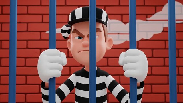 American flag on a jail wall with a man in prison bars, cartoon illustration, vector