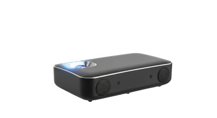 Modern black rectangular portable bluetooth speaker with silver trim isolated on transparent background