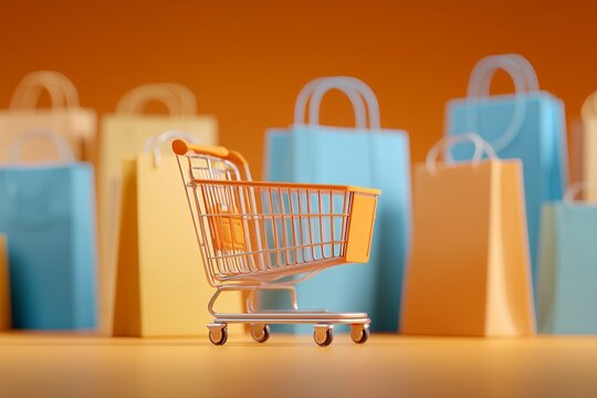 Miniature shopping cart in focus with colorful shopping bags on orange background. Concept for autumn sales promotion, seasonal retail offers and festive online shopping events