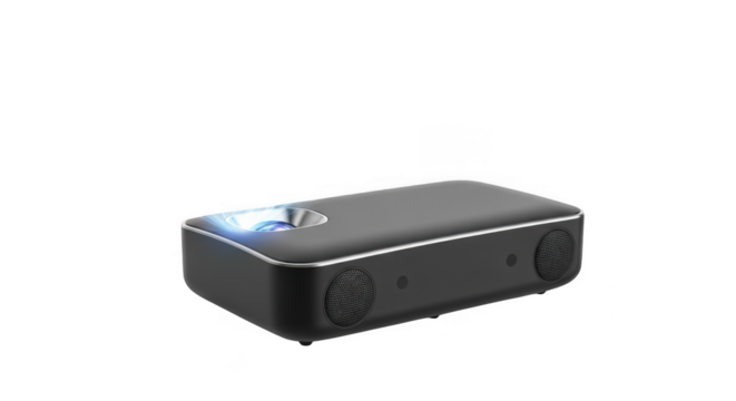 Modern black rectangular portable bluetooth speaker with silver trim isolated on transparent background