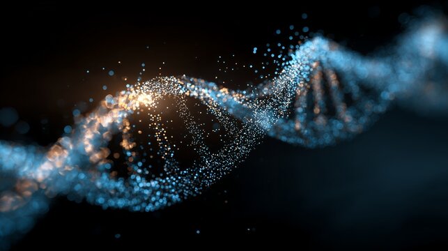Abstract rendering of a blue DNA double helix structure made of glittering particles, concept for genetic research, medical technology and pharmaceutical innovation