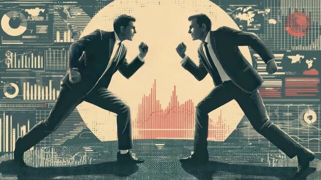 Conflict Confrontation: Two determined figures face off in a dynamic display of disagreement against a backdrop of market data and financial charts.