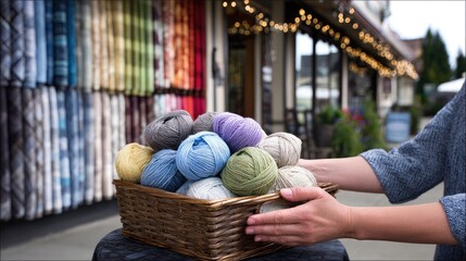 Colorful yarn balls in a wicker basket displayed outdoors.