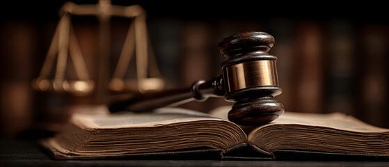 A gavel resting on an open law book with a blurred bckground of scales represeting justice. Ideal for leal themes and courtroom imgery.