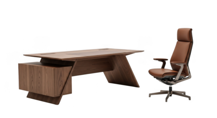 Modern wooden executive desk and brown leather office chair isolated on transparent background