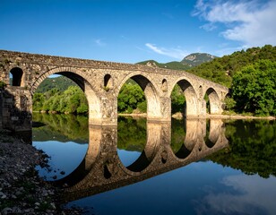 Fototapeta premium Stone Bridge River Reflection Landscape.