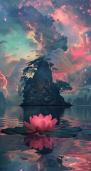 Pink lotus serene lake mystical island sunset fantasy art phone wallpaper