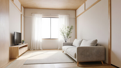 Fototapeta premium Serene and minimalist interior of a modern Japandi style living room