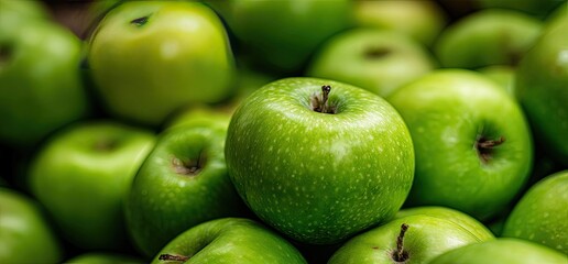 Fresh green apples piled high at market, close-up view, healthy food