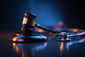 Gavel and stethoscope resting on a dark reflective surface with moody lighting. Concept for medical malpractice claims, healthcare regulations, and legal advocacy in medicine