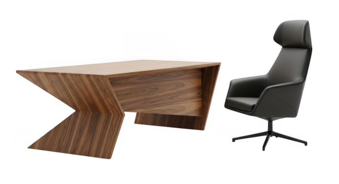 Modern wooden desk and ergonomic office chair isolated on transparent background - Powered by Adobe
