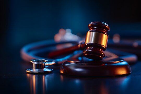 Gavel and stethoscope on dark reflective surface under dim lights, concept for medical malpractice litigation, healthcare law regulation and personal injury claims