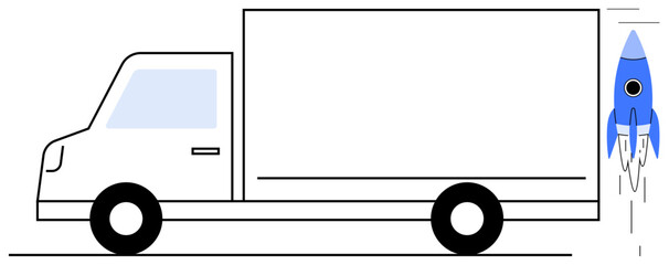 Delivery truck combined with a blue rocket for fast and efficient transport. Ideal for shipping, innovation, logistics, e-commerce, speed, productivity, progress metaphors, simple flat metaphor