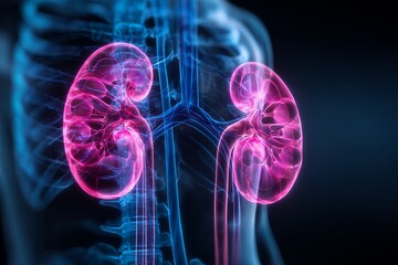 Glowing pink human kidneys displayed within a translucent skeletal frame and blue vessels. Concept for medical visualization, urology research, and anatomical study