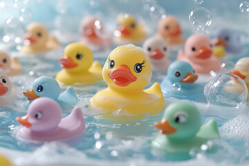 Brightly Colored Ducks in Fun Bubble Bath Setting