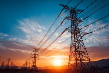 High voltage power lines at sunset with orange glow, concept for energy production, infrastructure development and industrial progress