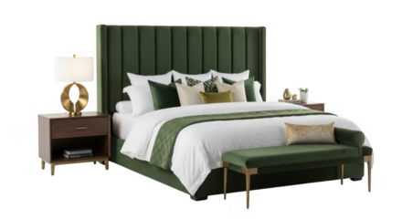 Luxurious green velvet tufted headboard bedroom set with nightstand and bench isolated on transparent background