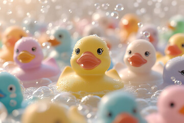 Vibrant Rubber Ducks with Unique Expressions in Foamy Bathtub