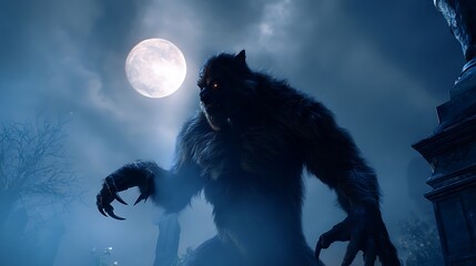 A werewolf in the night with glowing eyes and sharp claws stands under a full moon in the shadows halloween art