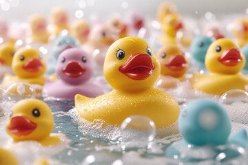 Playful Collection of Colorful Rubber Ducks Floating in Bubble Bath