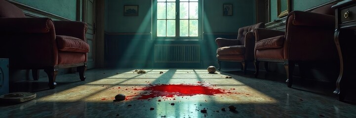 A dimly lit room, overturned furniture, a single crimson stain on the polished floor, suggesting a violent struggle and a tragic end , shadows, evidence