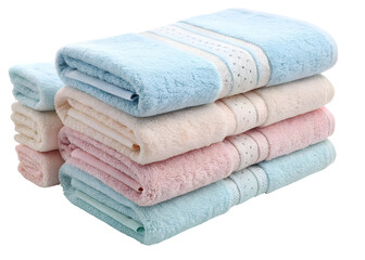 Stack of Soft Pastel Terry Cloth Bath Towels Light Blue Pink Beige and Mint Green Colors Folded Neatly Decorative Trim Detail