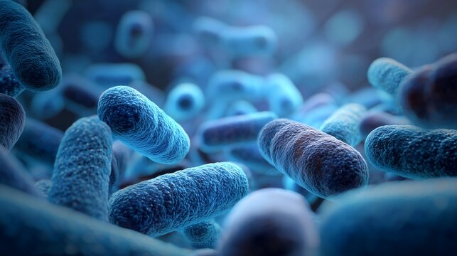 A group of microscopic rod-shaped bacteria cells in a bluish environment, detailed view. Concept for medical research, microbiology illustration and pharmaceutical development