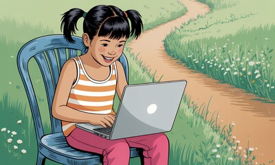 Child Using Laptop Outdoors, Nature, Technology, Learning, Education