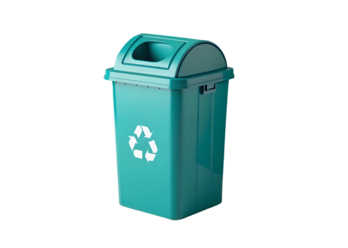 Teal Recycling Bin with White Recycling Symbol Modern Minimalist Style Plastic Waste Container Studio Shot on Black Background