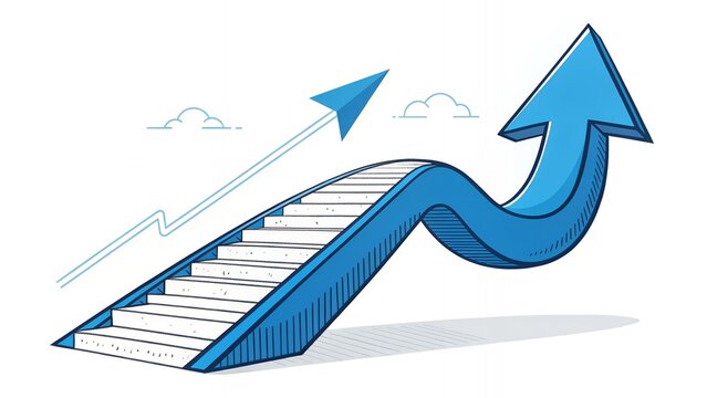 Concept illustration of a staircase merging into a large upwards arrow, symbolizing progress and growth