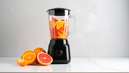 Blender Freshness: A sleek blender is filled with vibrant slices of citrus fruits, ready to create a refreshing and invigorating beverage.