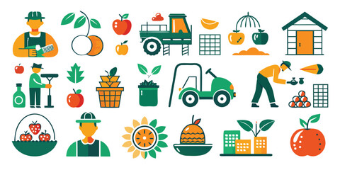 Flat design illustrations of farmers fruits tractors and farm buildings in green orange and yellow © Hafiz