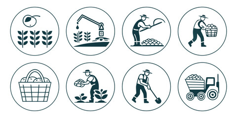 Agricultural icons showing farming activities from planting to harvesting and transport agriculture