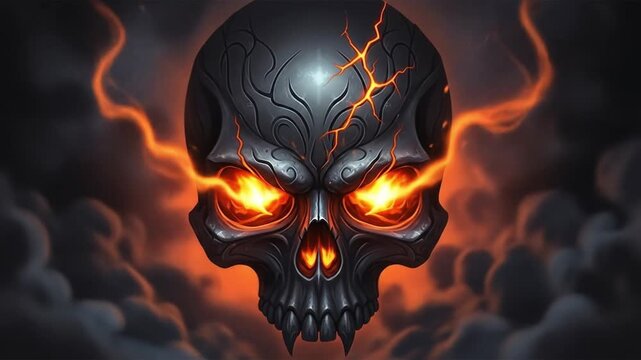 Scary illustration of a flaming skull head with evil horns burning in hot fire