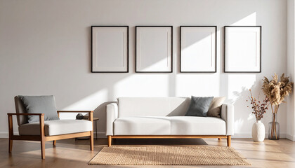 Fototapeta premium Mockup poster frame Modern Living Room with Frames: A contemporary living space showcasing a stylish sofa, armchair, and four blank frames on the wall, bathed in natural light.