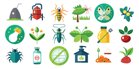 Collection of stylized flat icons representing garden pests and pest control insect spider