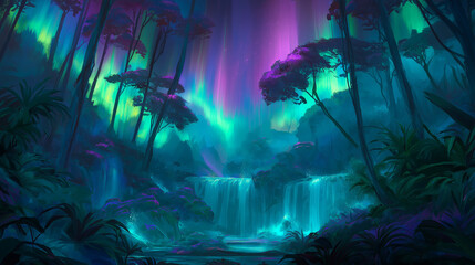 Fototapeta premium Aurora Borealis Over Tropical Jungle Waterfalls
