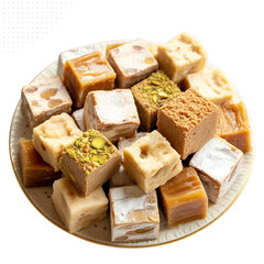 A pyramid-shaped arrangement of golden-brown empanadas stacked on a decorative plate with a burgundy rim