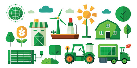 Naklejka premium Collection of flat design icons representing renewable energy and agriculture wind turbine solar panel