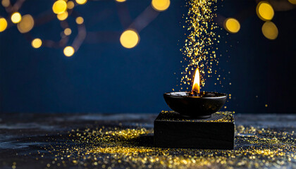 Burning Candle in Mystical Aura: A single, flickering candle casts a warm glow in a mystical atmosphere, surrounded by sparkling dust and soft bokeh lights, evoking a sense of peace and contemplation.