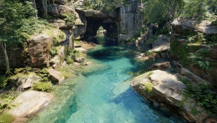 Naklejka premium Tranquil jungle river flows through rock arch, sunlight filters through canopy; game background