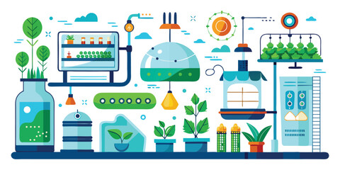 Flat design illustration of a hydroponic farm with plants and scientific equipment hydroponics