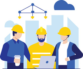 Three men in hard hats gather around a laptop, discussing plans on a construction site.