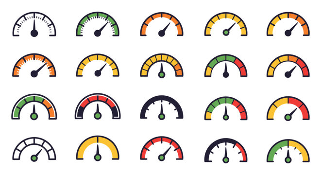 A collection of various gauge meter icons in different colors and styles