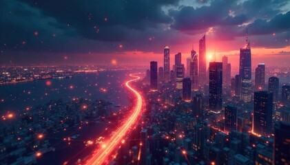 Obraz premium A futuristic cityscape seamlessly interconnected by glowing digital threads, symbolizing the concept of a unified global network , sci-fi, connectivity, communication