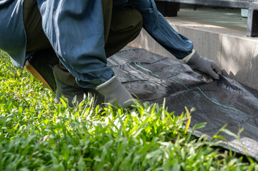 Gardener using black plastic sheeting for preventing weed growth by covered soil. It works by blocking sunlight, which is essential for plant growth, and essentially suffocating weeds.
