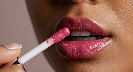 Naklejka premium Close-up of Woman Applying Sparkling Pink Lip Gloss, Detailed Texture, Soft Lighting
