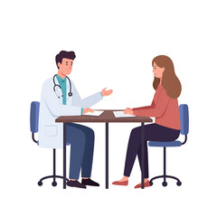Doctor consulting patient at desk healthcare medical appointment illustration