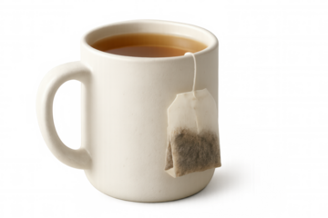 Steaming white ceramic mug brewing herbal tea, tea bag visible, transparent background highlighting soothing beverage details