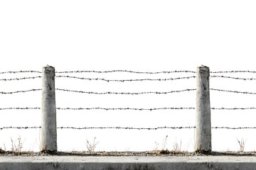 Barbed Wire Fence With Concrete Posts And Dry Grass On Transparent Background, PNG